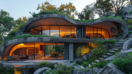 A large house with a green roof and a spiral staircase. The house is surrounded by a lush garden and has a modern designの素材