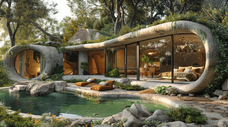 A house with a pool and a garden. The house is made of concrete and has a unique design. The pool is surrounded by rocks and plantsの素材