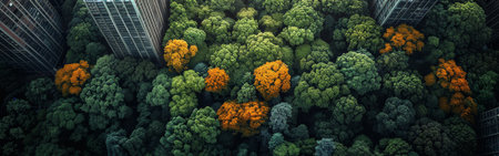 A lush green forest with orange leaves in the foreground. The trees are tall and leafy, and the orange leaves contrast with the green foliage. Concept of tranquility and natural beautyの素材