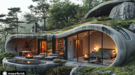 A house with a fireplace and a pool. The house is made of concrete and has a unique designの素材