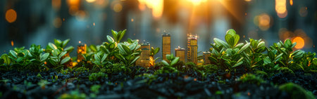 A cityscape is shown with a green background and a few buildings. The cityscape is lit up at night, giving it a warm and inviting atmosphereの素材