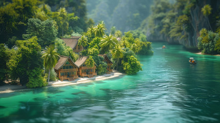 A beautiful tropical island with palm trees and a small village. The water is calm and clear, and there are boats floating on it. The scene is peaceful and relaxingの素材
