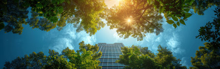 A tree is in the foreground and a building is in the background. The sky is blue and the sun is shining through the treesの素材