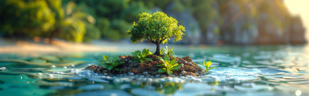 A small tree is growing on a rock in the ocean. Concept of hope and resilience, as the tree is able to thrive in an unlikely environmentの素材