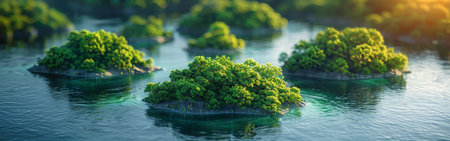 A group of small islands with green plants growing on them in a body of water. The water is calm and the plants are lush and vibrant. Concept of tranquility and natural beautyの素材