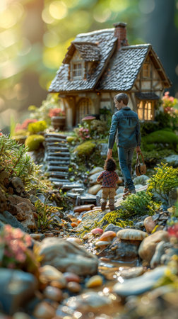 A man and a child are walking through a garden with a small house in the background. Scene is peaceful and serene, as the man and child enjoy their time together in the beautiful gardenの素材