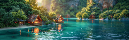 A beautiful lake with a few small wooden houses on the shore. The houses are lit up at night, creating a warm and inviting atmosphere. The scene is peaceful and sereneの素材