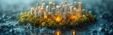 A city is shown in a small, circular shape, surrounded by trees and water. The city is lit up with lights, giving it a warm and inviting atmosphere. Concept of community and togethernessの素材