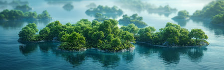 A lush green island with trees and water. The water is calm and the trees are full of leavesの素材