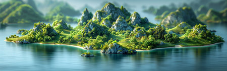 A beautiful island with a large body of water in the background. The island is surrounded by mountains and has a lush green landscape. Scene is peaceful and serene, with the calm watersの素材