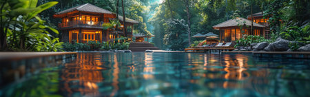 A beautiful pool with a house in the background. The pool is surrounded by trees and the house is made of woodの素材