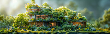 A house with a lot of trees and plants growing on it. The house is surrounded by a lush green landscapeの素材