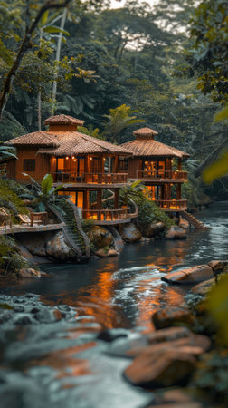 A house is built on a river bank with a view of the water. The house is surrounded by trees and has a rustic feel to itの素材