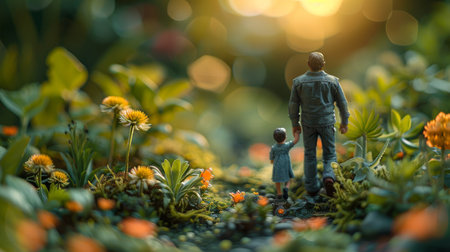 A man and a child are walking through a field of flowers. The man is holding the child's hand, and they seem to be enjoying their time together. The scene is peaceful and sereneの素材
