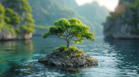 A small tree is growing on a rock in the middle of a lake. The scene is serene and peaceful, with the tree providing a sense of calmness and tranquilityの素材