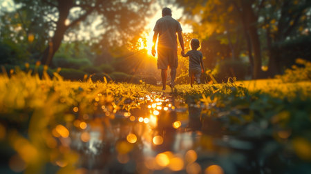 A man and a child are walking in a park. The man is holding the child's hand. The sun is shining brightly, creating a warm and inviting atmosphereの素材