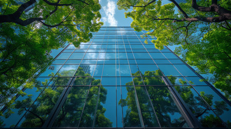 A tall building with a lot of trees surrounding it. The trees are reflected in the windows of the building, creating a sense of depth and perspective. The sky is clear and blueの素材