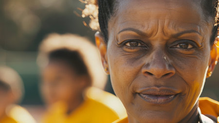 A woman with a serious expression on her face. She is wearing a yellow shirt. There are other people in the backgroundの素材