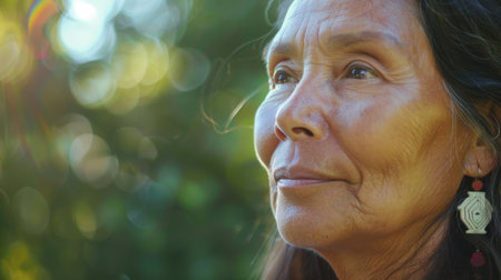 A woman with long dark hair and a smile on her face. She is wearing earrings and looking out into the distanceの素材