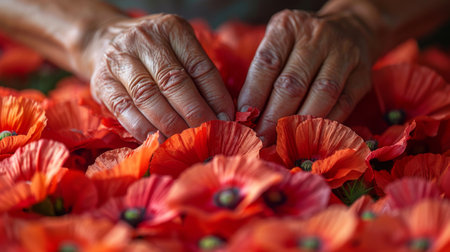 A woman's hands are touching a bunch of red flowers. The flowers are arranged in a way that they are overlapping each other, creating a sense of depth and textureの素材