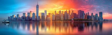 A city skyline is reflected in the water, with the sun setting in the background. The city is New York, and the water is the Hudson Riverの素材