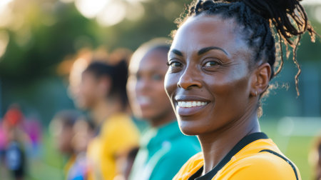 A woman with dreadlocks is smiling and standing in front of a group of people. Concept of unity and camaraderie among the groupの素材