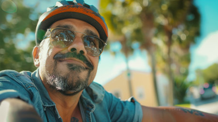 A man wearing a blue shirt and a hat is smiling and looking at the camera. He is wearing sunglasses and has a beardの素材