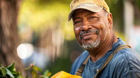 A man with a hat and a blue shirt is smiling. He is holding a yellow bag. Scene is happy and cheerfulの素材