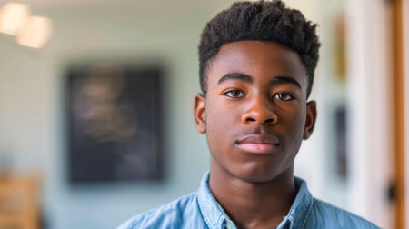 A young man with a shaved head and a blue shirt is standing in front of a wall. He is looking directly at the cameraの素材