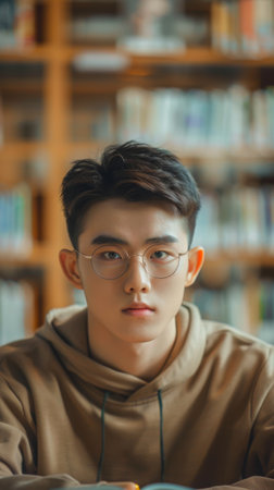 A young man wearing glasses and a brown hoodie sits in front of a bookshelf. He looks focused and seriousの素材