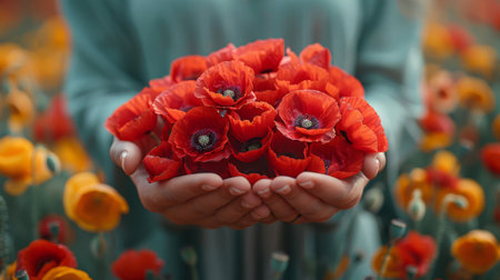 A woman is holding a bouquet of red flowers. The flowers are arranged in a way that they are all facing the same directionの素材