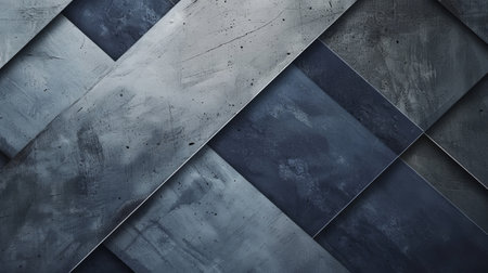 A photograph of a textured, abstract background featuring intersecting diagonal metal panels in shades of gray and blue. The panels have a distressed, industrial look, adding depth and dimension to the composition.の素材