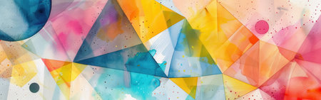 A colorful abstract painting with a blue triangle in the middle. The painting is full of bright colors and has a sense of movementの素材