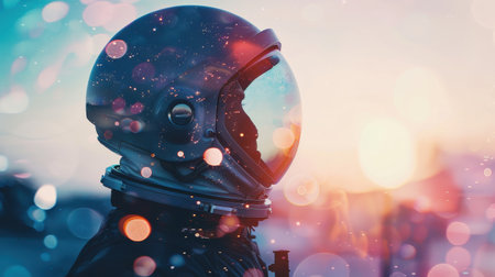 A man in a space suit is looking out into the distance. The image has a dreamy, otherworldly feel to it, with the bright colors and blurry background creating a sense of wonder and adventureの素材