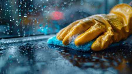 A hand wearing a yellow glove wipes down a wet surface using a blue sponge. There is water dripping in the background, and the surface reflects a blurred out background.の素材