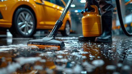 The image shows a close up of a floor cleaning machine, with a wet car in the background. The machine is in the middle of the image, cleaning the floor. The floor is wet and there are drops of water on the surface. The background is a car wash, with a large yellow container next to the machine. The image is taken from a low angle and the focus is on the machine and the wet floor.の素材