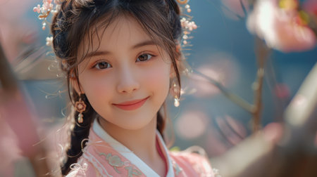 A young girl in traditional Chinese clothing smiles at the camera. She is wearing a pink dress with floral embroidery and has her hair styled with flower decorations. The background is a blurred image of a garden with pink flowers.の素材