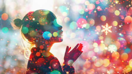 A girl is praying in front of a Christmas tree. The tree is surrounded by a lot of colorful lights, creating a festive and joyful atmosphereの素材