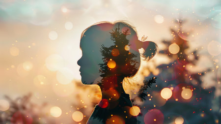 A silhouette of a girl with a ponytail is shown in a forest with a bright sun in the background. Scene is serene and peaceful, as the girl appears to be enjoying the beauty of natureの素材