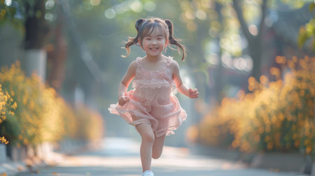 A young girl with pigtails runs through a park on a sunny day, with a smile on her face and a happy expression. The background is blurred, showing trees and foliage, creating a sense of movement and joy.の素材