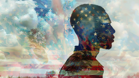 A man's silhouette is shown in front of the American flag. The man is wearing a black shirt and is standing in front of a blue sky. Concept of patriotism and pride in one's countryの素材
