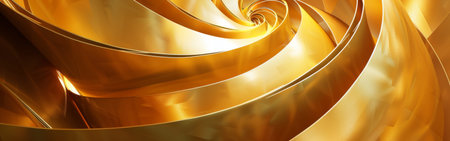 An abstract artwork created from multiple shiny gold strips forming a spiral pattern. The piece is likely a modern art installation, and the intricate details of the design create a mesmerizing visual effect.の素材