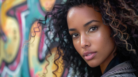 A young woman with long curly hair poses against a graffiti-covered wall, her face looking directly at the camera with a confident expression. Her dark hair cascades around her shoulders, framing her face and creating a dramatic contrast against the colorful backdrop.の素材