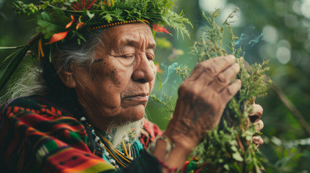 An elderly Indigenous man, wearing a traditional headdress and clothing, holds and examines a bundle of medicinal plants in a lush rainforest setting. The image captures a moment of reverence and connection between the elder and the natural world.の素材
