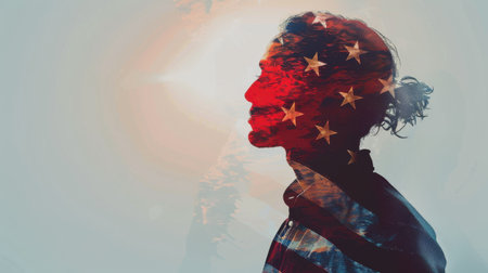 This is a digital illustration featuring a profile of a person against a white background. The persons face is overlaid with the American flag. The persons hair is long and dark and pulled back in a loose bun. The background is light blue with a faint blur of a persons outline.の素材