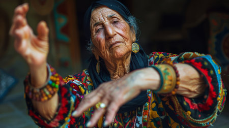 An elderly woman dressed in a colorful traditional Iranian garment performs a ritual dance, her hands moving with grace and purpose. The womans face is etched with years of experience and wisdom, reflecting the depth of her cultural heritage. The vibrant colors and intricate patterns of her clothing add a layer of beauty and complexity to the scene, showing the rich tapestry of Iranian culture.の素材