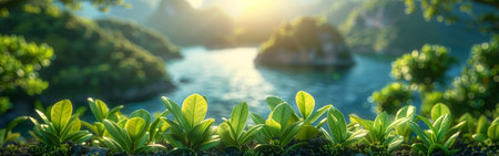 A close-up shot of vibrant green leaves growing near the edge of a tropical lagoon. The sun is rising in the distance, casting a warm glow over the water and the surrounding hills.の素材