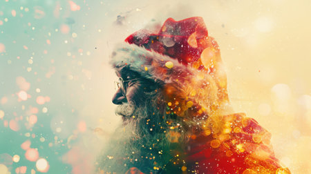 A close-up profile of Santa Claus, with his white beard and glasses, is captured in a festive setting. The image features a soft, colorful background of holiday lights and bokeh effects, creating a magical and whimsical atmosphere.の素材