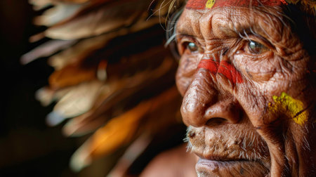 This image shows a close-up portrait of an indigenous man wearing a traditional headdress. The man has a weathered face with red and yellow paint. He is looking off to the side, and his expression is thoughtful and serene.の素材