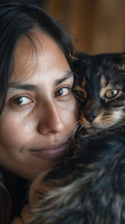 A woman with long dark hair and a gentle smile holds a black and brown tabby cat close to her face, the cats head resting on her cheek. The womans eyes are open and she looks at the camera. The cats eyes are half-closed as it rests its head against the womans cheek, seemingly enjoying the closeness.の素材